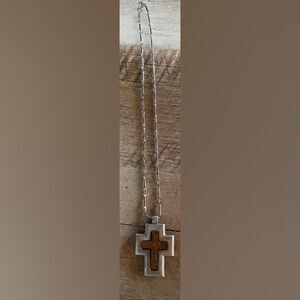 Vintage Bravi Necklace Brutalist Cross Pewter Wood 18”